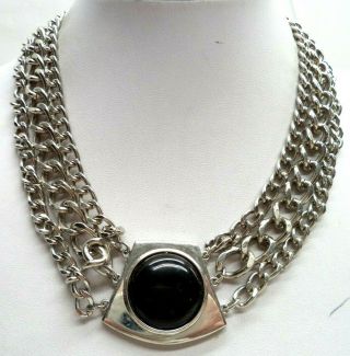 Stunning Vintage Estate Heavy Silver Tone Black Bead 17 " Necklace 3926o