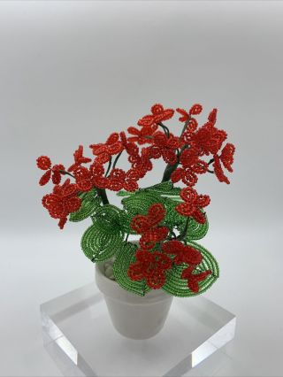 Vintage French Glass Beaded 32 Flower Christmas Red Bouquet In Pot 6 " T