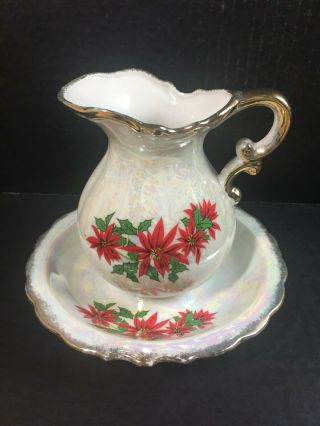 Christmas Vintage Japan Ceramic Luster Gold Trim Small Pitcher And Bowl Set 6 "