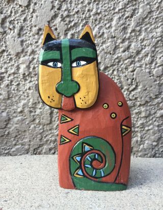 Vintage Cat Hand Carved Wooden Figurine Hand Painted Folk Art Wood Carving