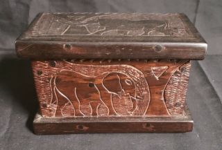 Vintage Handmade Carved Wooden Jewelry Keepsake Box With Elephants