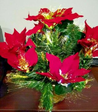 Vintage Fiber Optic Christmas Holiday Poinsettiia Plant In Pot Perfect 16”