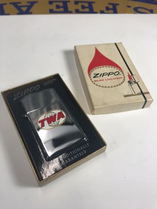 Vintage Nos Twa Airlines Zippo Slim Lighter W/ Box (e5)