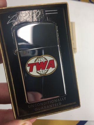 Vintage NOS TWA Airlines ZIPPO Slim Lighter w/ Box (E5) 3
