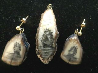 Vintage Scrimshaw Ship Pendant With Matching Ship Earrings
