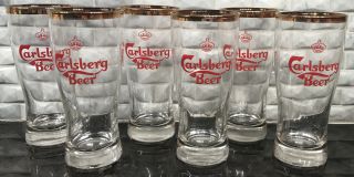 Vintage Carlsberg Beer Clear Glasses Set Of Six Gold Rimmed 6 In Tall Man Cave