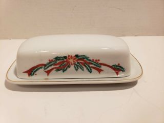 Vintage Poinsettia & Ribbons Covered Butter Dish Fine China 2