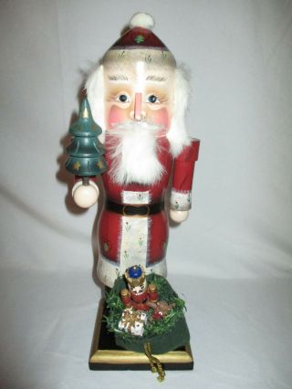 Vintage Holiday Christmas Wood Folk Art Santa Claus Tree Sack Of Toy Nutcracker