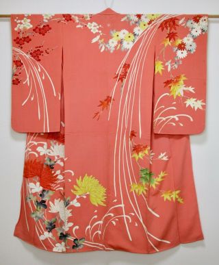 Japanese Kimono Silk Antique Middle Sleeve Furisode / Flower & Momiji / Vintage