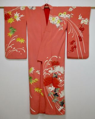 JAPANESE KIMONO SILK ANTIQUE MIDDLE SLEEVE FURISODE / FLOWER & MOMIJI / VINTAGE 2