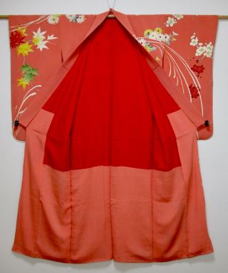 JAPANESE KIMONO SILK ANTIQUE MIDDLE SLEEVE FURISODE / FLOWER & MOMIJI / VINTAGE 3