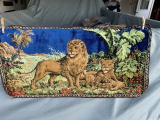 Vintage Velvet Tapestry Wall Hanging With Fringe/majestic Lions46” X 22.  25”