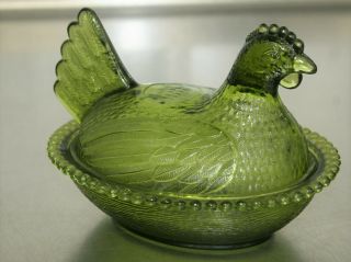 Vintage Indiana Glass Hen On Nest Covered Candy Dish Green Depression Glass