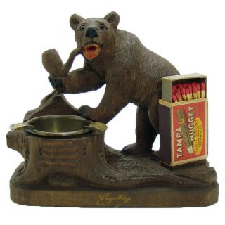 Carved Walnut Bear Smoking Pipe Match Holder Ashtray - Black Forest