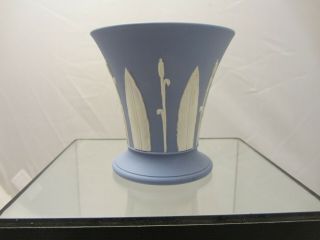 Vintage Wedgwood Trumpet Vase,  White On Blue Jasperware 3.  25