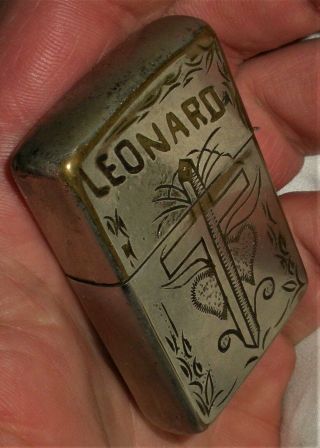 Antique 1950 - 57 Vietnam War Era Cross & Heart Engraved Names Zippo Lighter Vafo