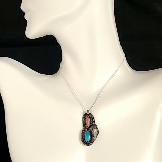 Signed T Vintage Sterling Silver Turquoise & Coral Stones Pendant - 3g
