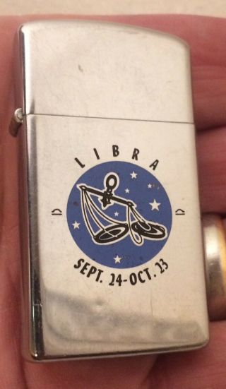 Vintage Zippo Lighter Zodiac Libra Sept.  24 - Oct.  23 Nicely,  Flints