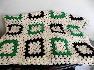 Vintage Hand - Made 56 X 65 Quilt White With Green And Black Square Frames Lovely