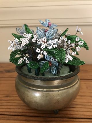 Vintage French Beaded Glass Seed Bead Blue And White Flower Bouquet Brass Pot