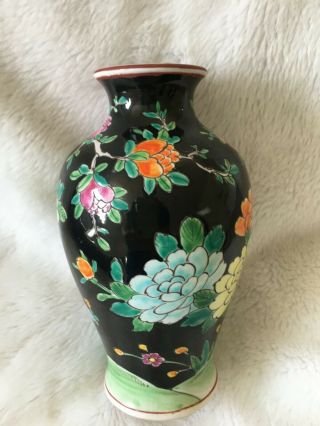 VINTAGE Black ORIENTAL Floral Vase LARGE FLOWERS 7 1/2 