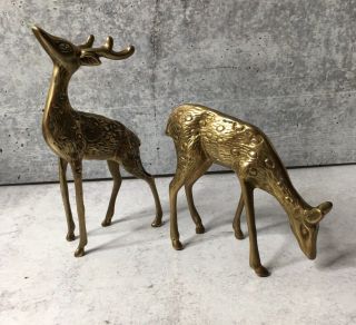Vintage Medium Brass Spotted Deer Buck Doe Pair Statue Figurine 6 1/2 Inches