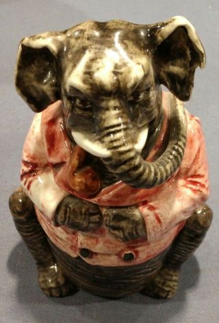 Antique Majolica Figural Elephant Tobacco Jar Humidor Sitting & Smoking