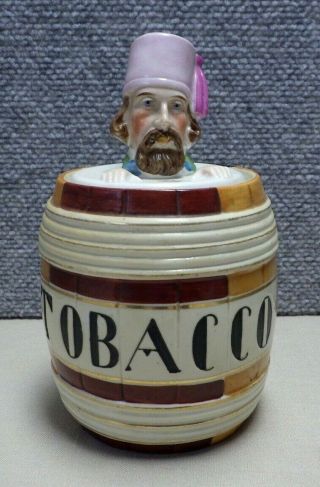 Antique Tobacco Jar Barrel Fez Man Head Hat German Porcelain Conta & Boehme Hvb