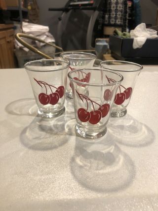 Set Of (4) Vintage Libbey Red Cherry Cherries Juice Glass Glasses 3 "