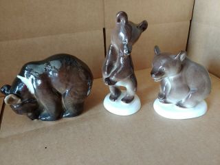 Lomonosov Porcelain Vintage Ceramic Three Brown Bear Figurines Made In Ussr