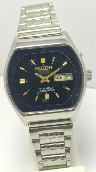 Rare Vintage Japan Made Ricoh Day&date Black Automatic 21j Wrist Watch For Men 