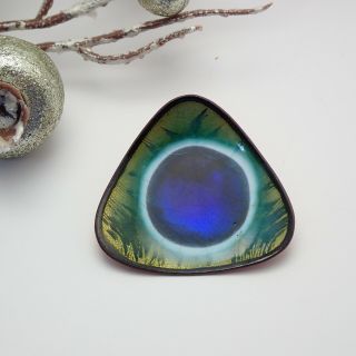 Vtg Mid Century Hogan Bolas Peacock Blue Green Enamel Triangle Copper Pin Brooch