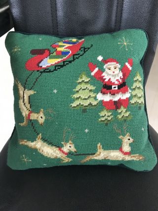 Vintage Christmas Wool Needlepoint Pillow,  12” Velvet Back W Zip Santa Claus