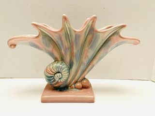 Vtg Mcm Royal Haeger Snail Shell Pink & Blue Glaze R - 299 Vase 7.  5”h X 12”w Usa