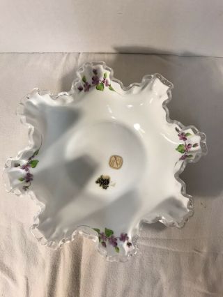 Vintage Fenton Silver Crest Milk Glass With Hand Painted Violets,  Ruffled Edges
