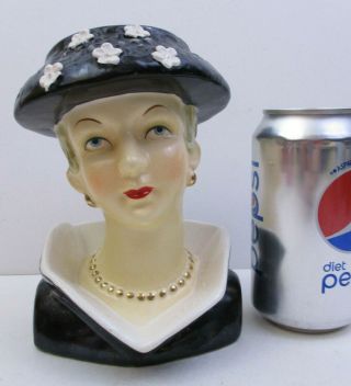 Vintage Lady Head Bust Face - Black Hat & Dress - Planter Vase (bk1i)