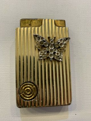 Vintage Art Deco Gold Tone " Pac Music " Lighter With Butterfly