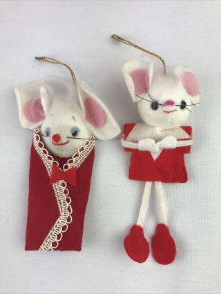 Vintage Red & White Felt Mouse/mice Christmas Ornaments - Japan 4”