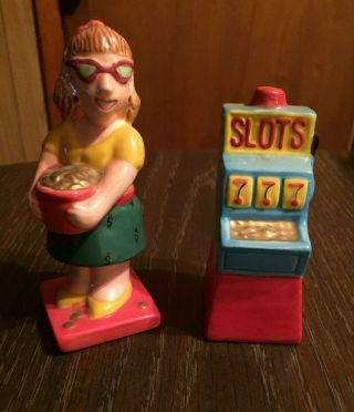Vintage Salt And Pepper Shakers - Slot Machine And Big Winner Lady In Glasses