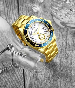 Stuhrling Men ' s Chronograph Diver 10 ATM White Dial Gold Bracelet Sport Watch 2