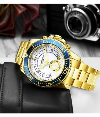 Stuhrling Men ' s Chronograph Diver 10 ATM White Dial Gold Bracelet Sport Watch 3