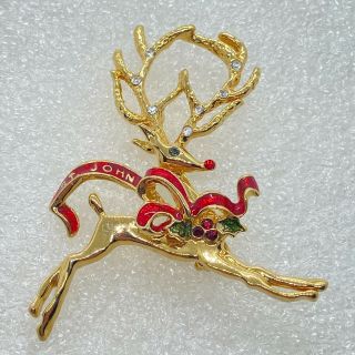 Signed Swarovski Vintage St John Reindeer Brooch Pin Enamel Crystal Gold Tone