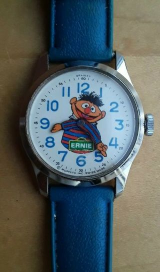 Rare Vtg Sesame Street Ernie Muppets Bradley Wrist Watch Wow Bert 1970s Swiss 80