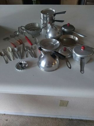 Vintage Toy Tin Or Aluminum Pots And Pans