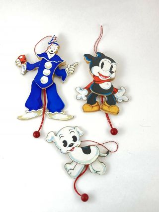 Vintage Wood Hanging Pull String Toy Fleischer Studios Koko Clown Dog & Puppy