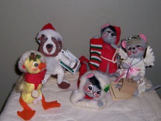5 Vintage Annalee Christmas Figures Dog Duck Mouse With Tags