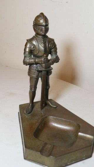 Antique Bronze Patinated Medieval Knight Figural Lighter Metal Ashtray Japan