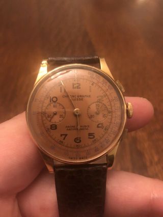 Vintage Solid 18k Rose Gold Chronographe Suisse 37.  5mm 17j Wristwatch