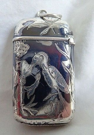 19thc Antique French Niello Silver Vesta Case & Gold Royal Crown Cartouche Heron