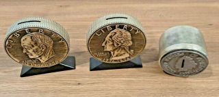 Vintage 3 Slotted Coin Banks Liberty 1776 - 1976 Quarter Dollar,  Dollar,  Round